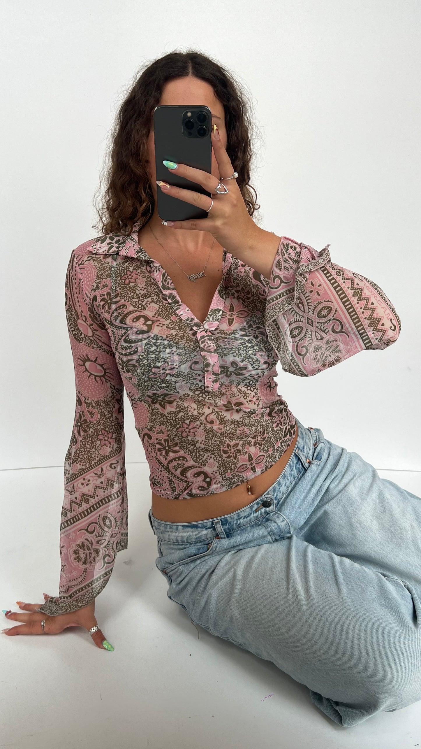 00s pink mesh patterned top- size S
