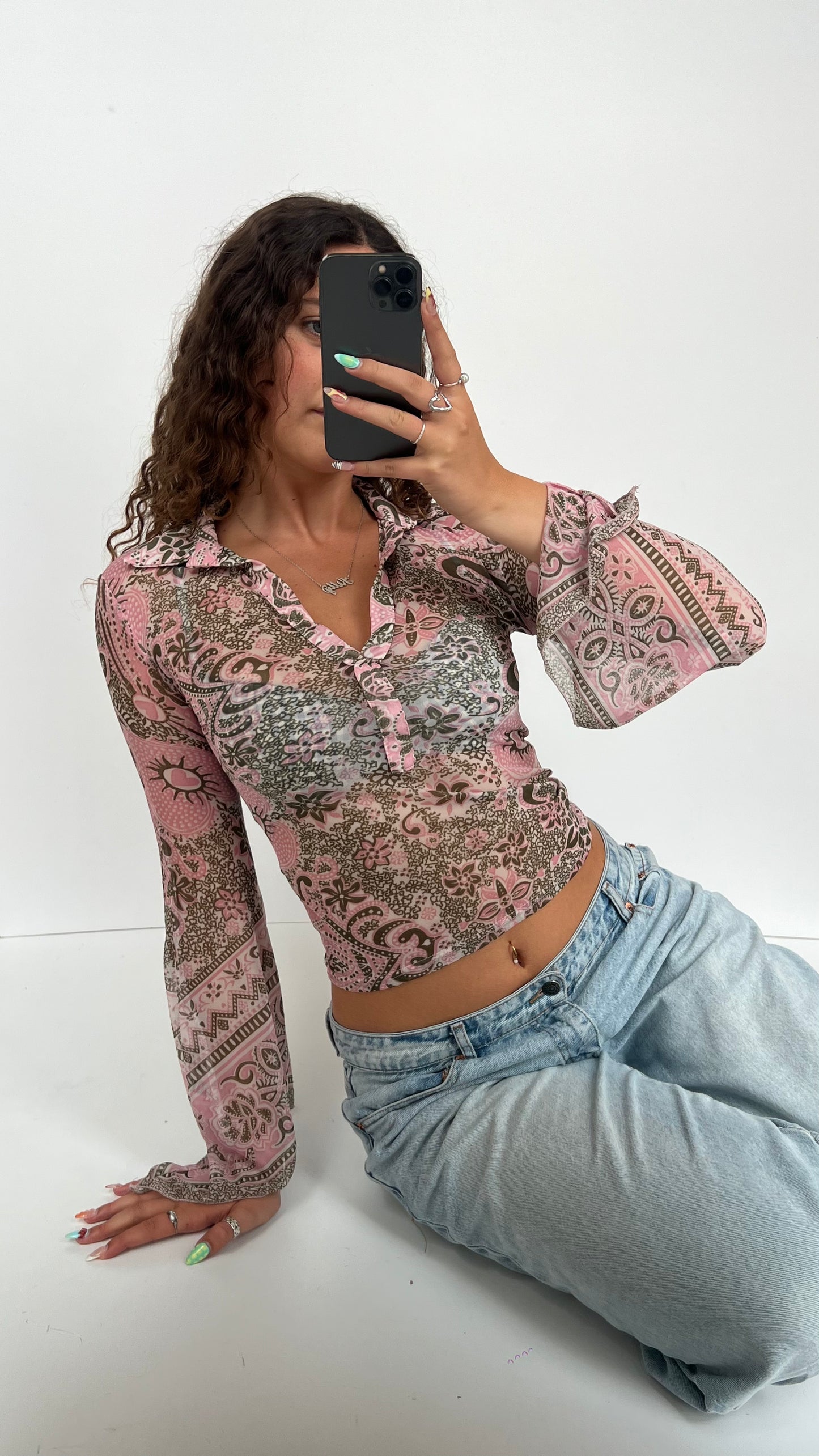 00s pink mesh patterned top- size S