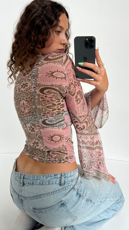 00s pink mesh patterned top- size S