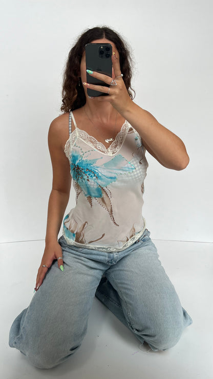 00s white blue floral cami- size L