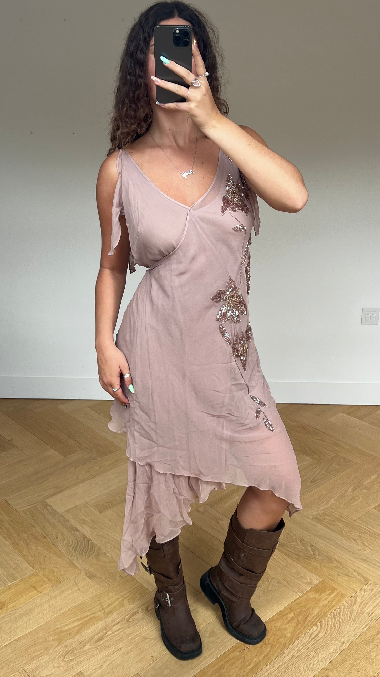 00s pink sequin beaded midi dress- size XL