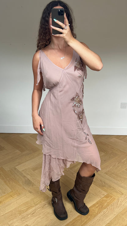 00s pink sequin beaded midi dress- size XL