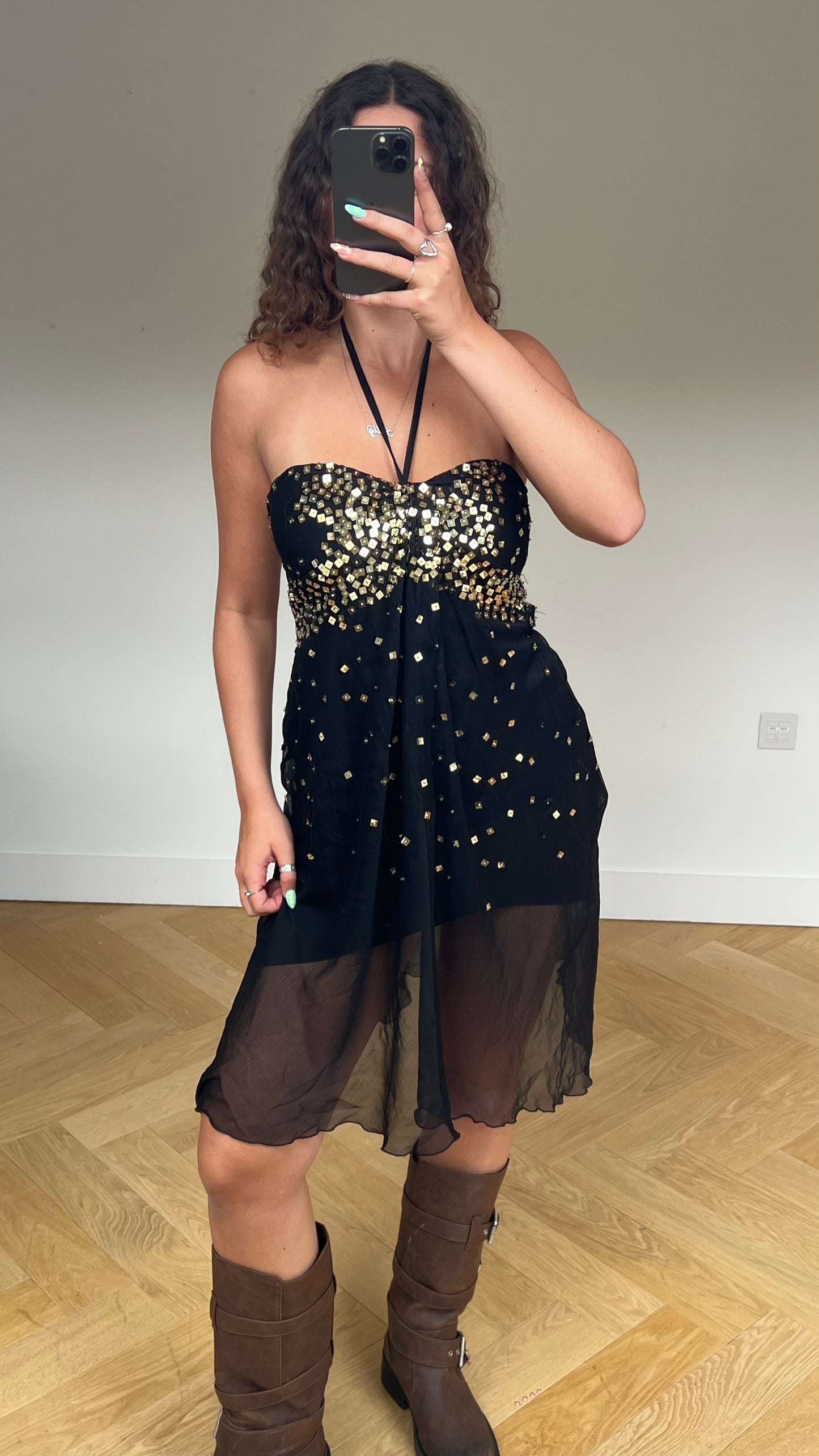 00s black sequin midi dress- size M