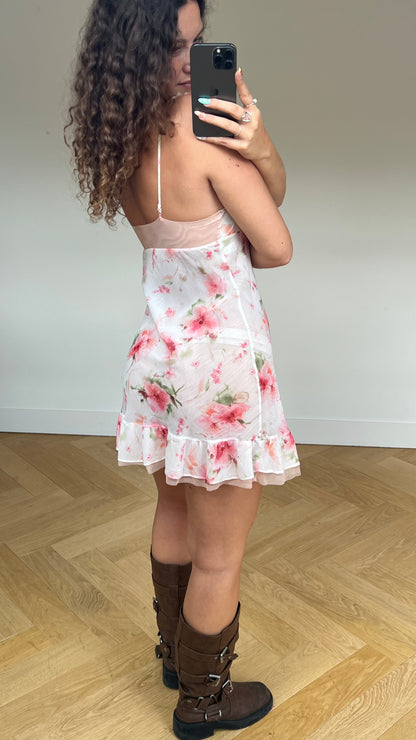 00s white floral mini dress- size S/M