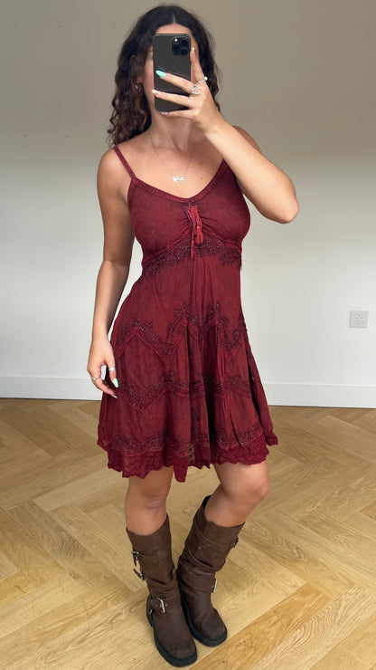 00s red boho midi dress- size L/XL