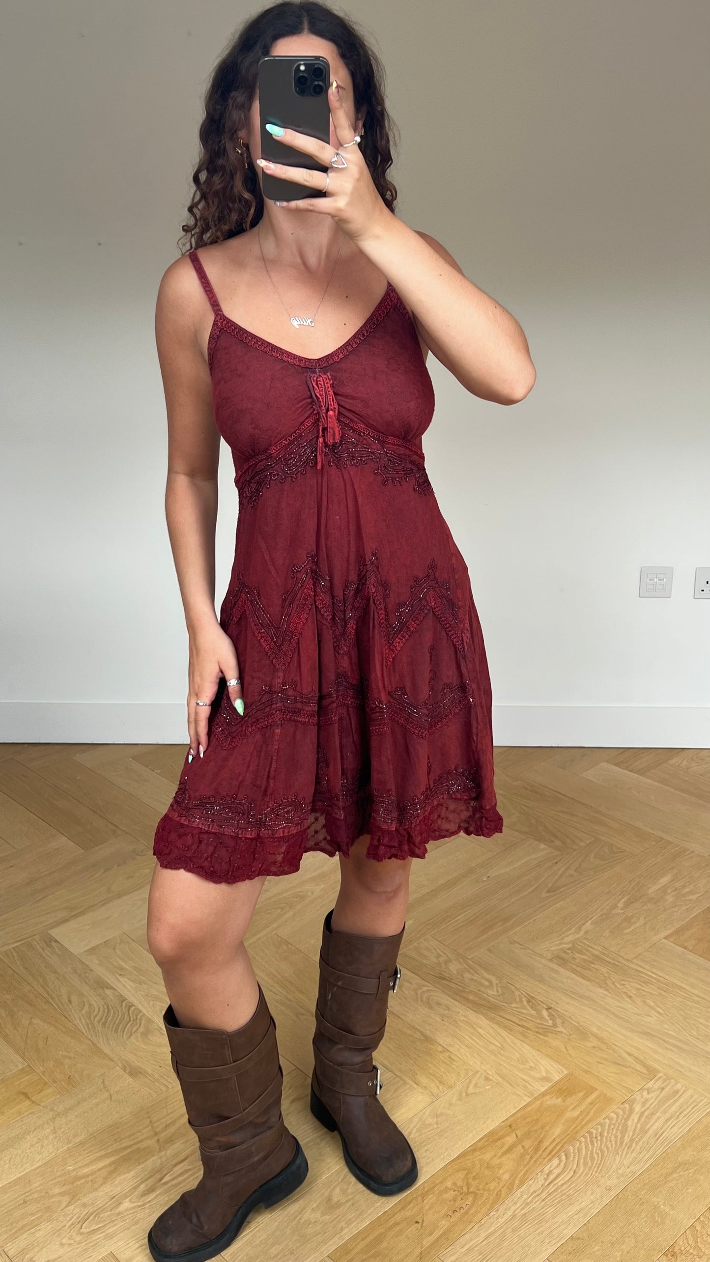 00s red boho midi dress- size L/XL