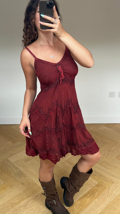 00s red boho midi dress- size L/XL