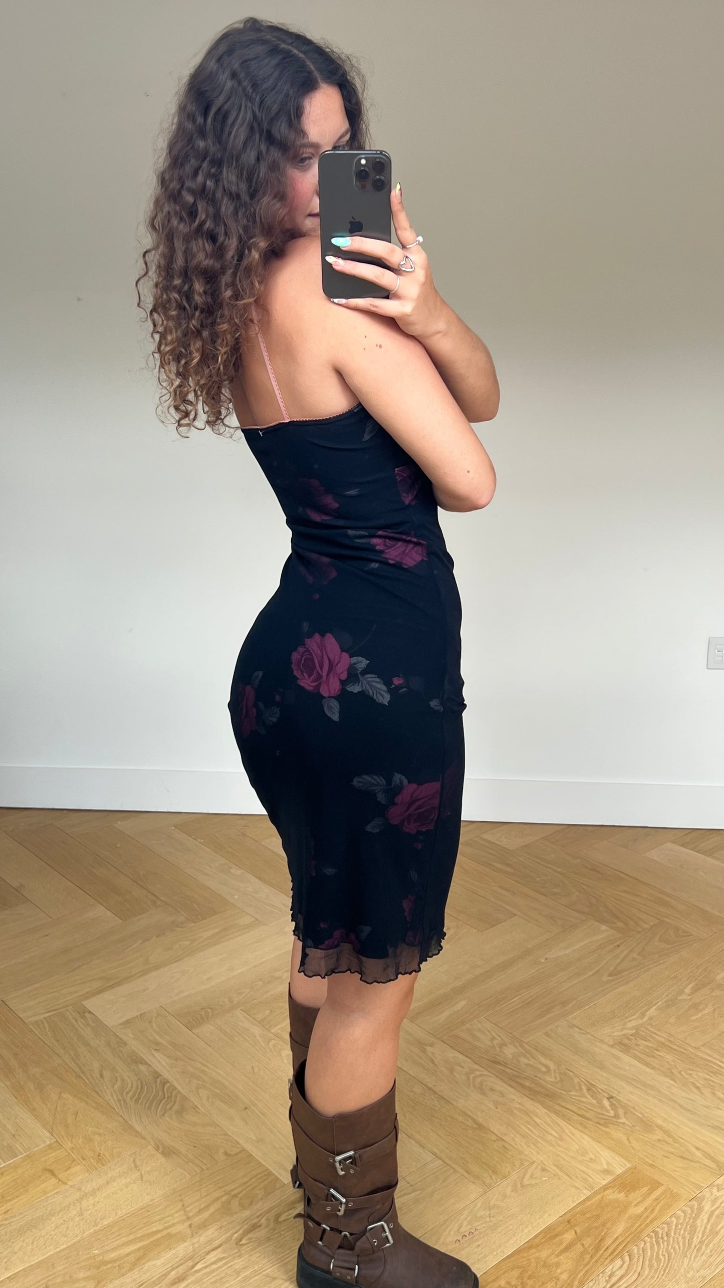 00s black pink floral midi dress- size M