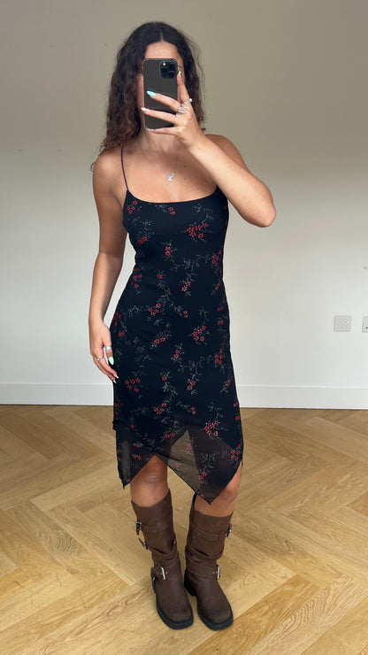 00s black red floral midi dress- size S