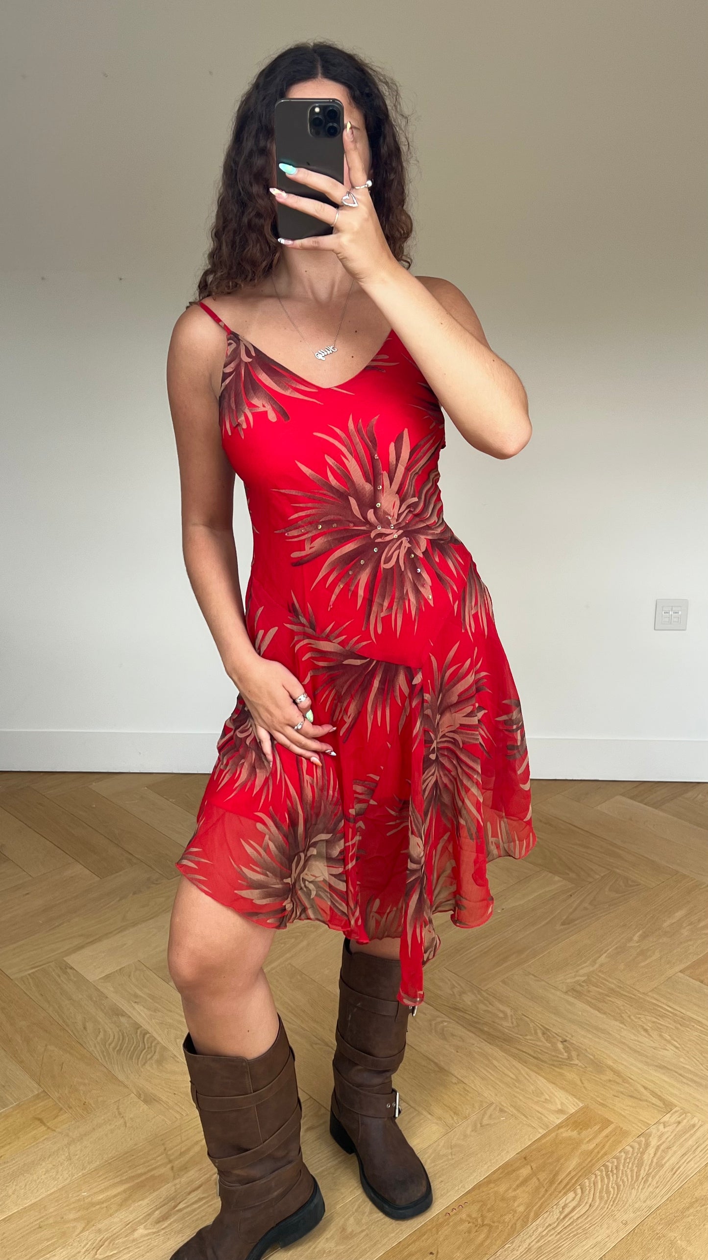 00s red floral midi dress- size L