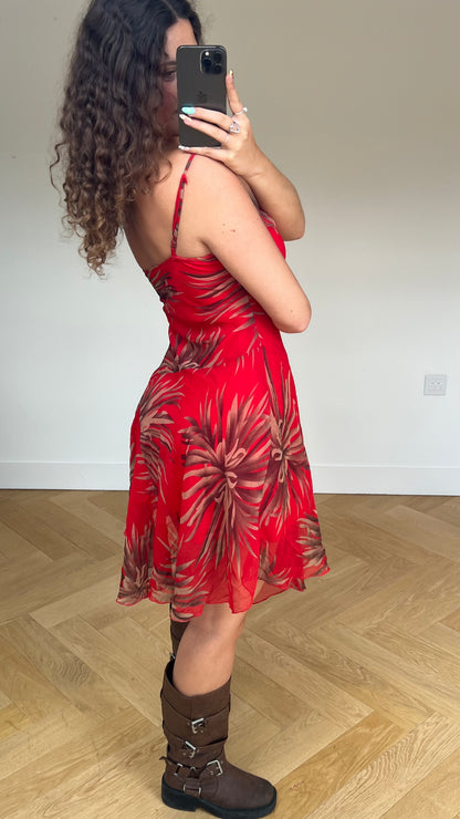 00s red floral midi dress- size L