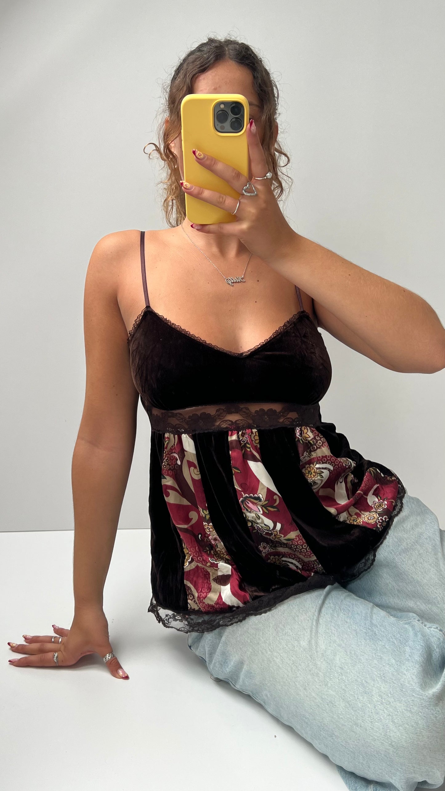 00s brown velvet patchwork cami- size M