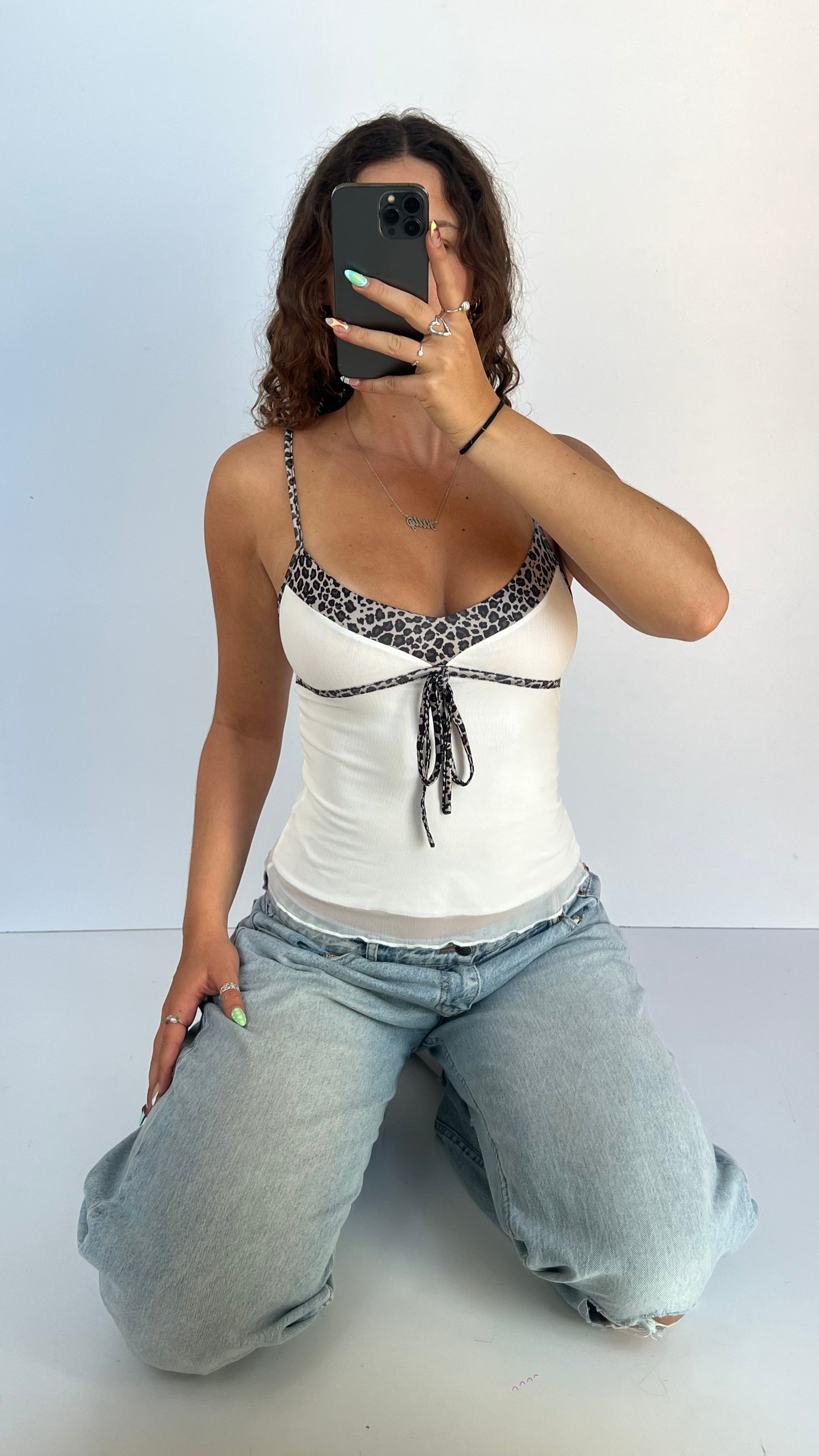 00s white mesh leopard cami- size XS