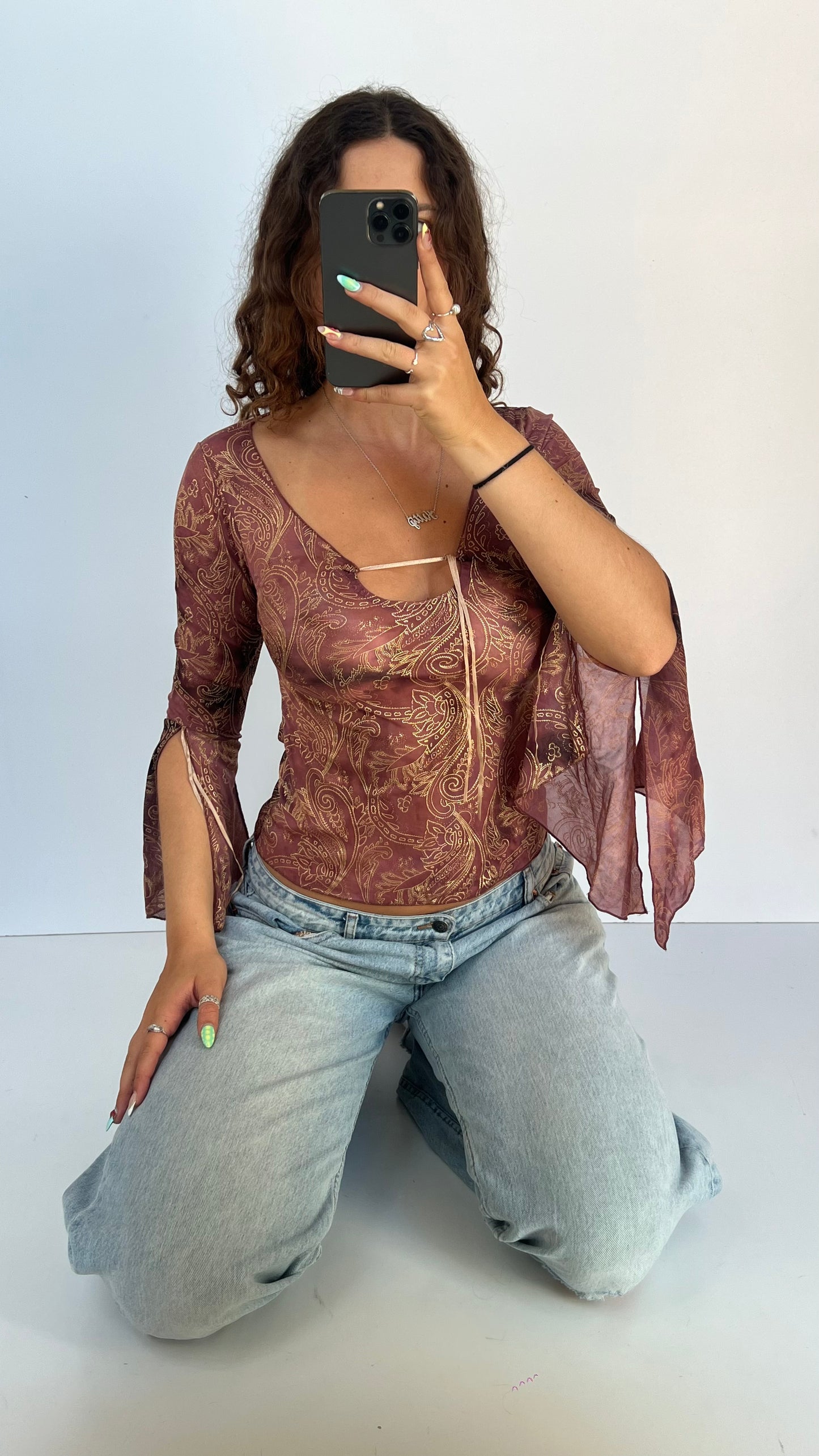 00s pink paisley mesh top- size S