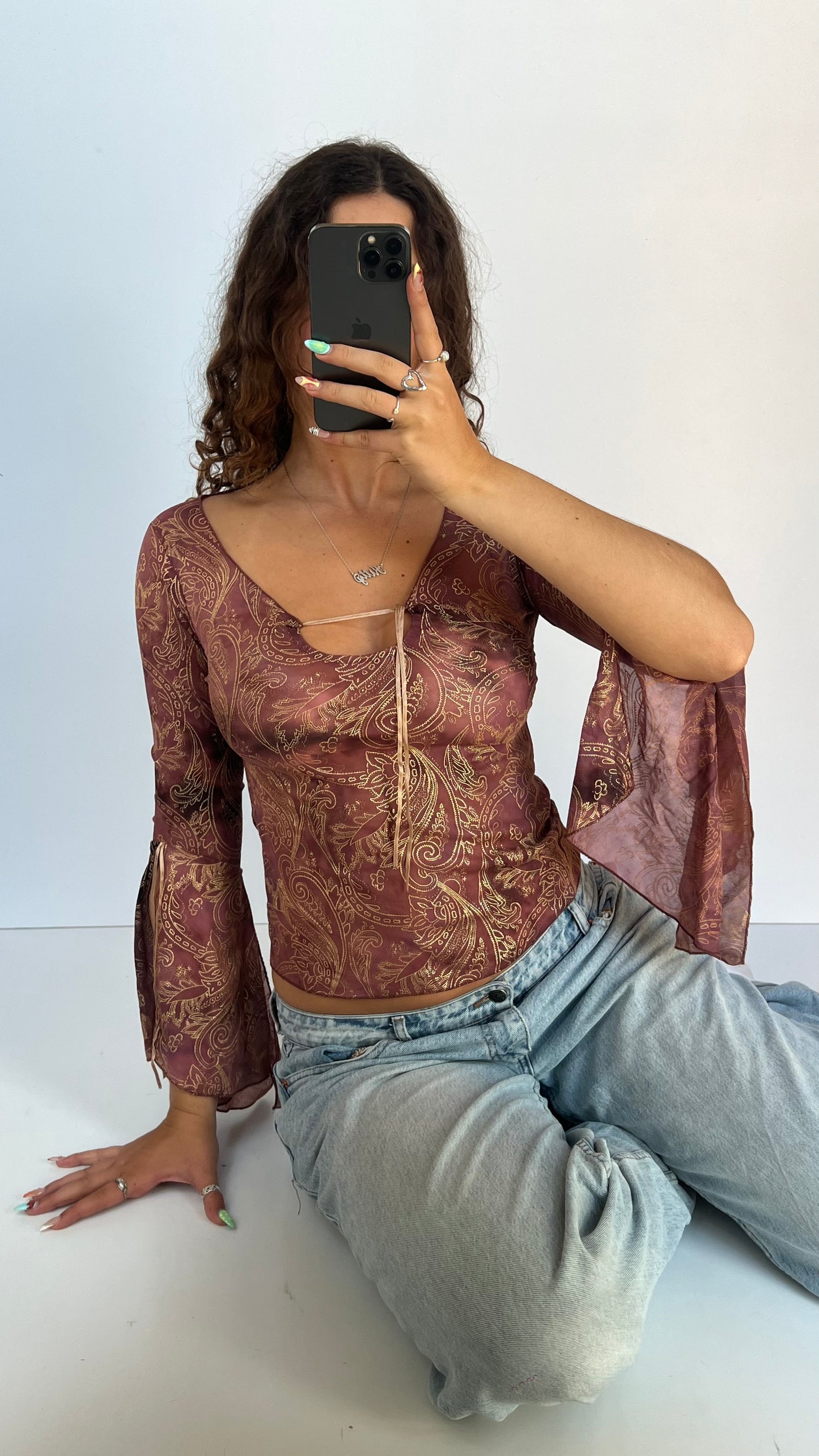 00s pink paisley mesh top- size S