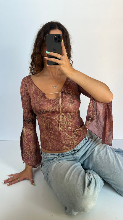 00s pink paisley mesh top- size S