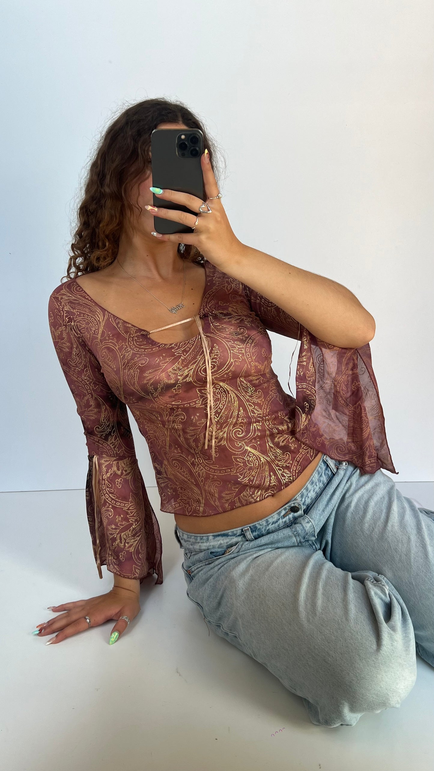 00s pink paisley mesh top- size S