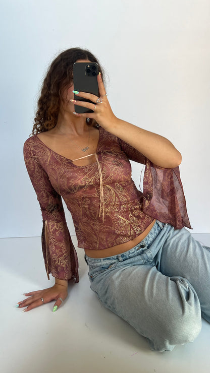 00s pink paisley mesh top- size S