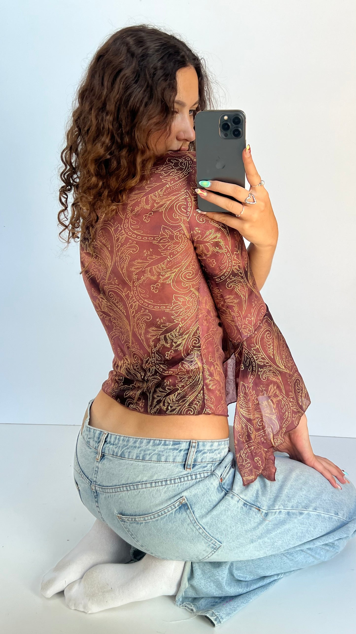 00s pink paisley mesh top- size S