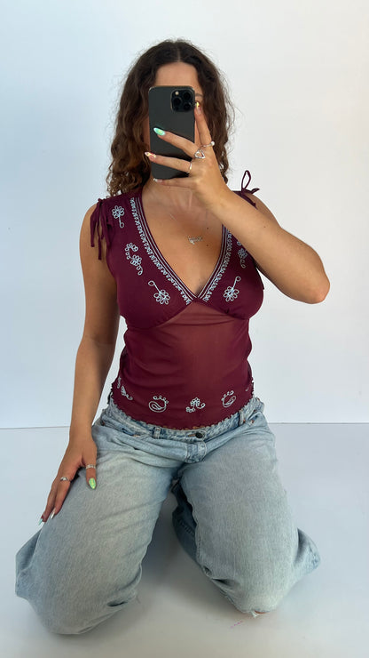 00s burgundy mesh top- size S