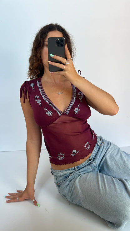 00s burgundy mesh top- size S