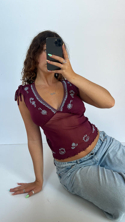 00s burgundy mesh top- size S