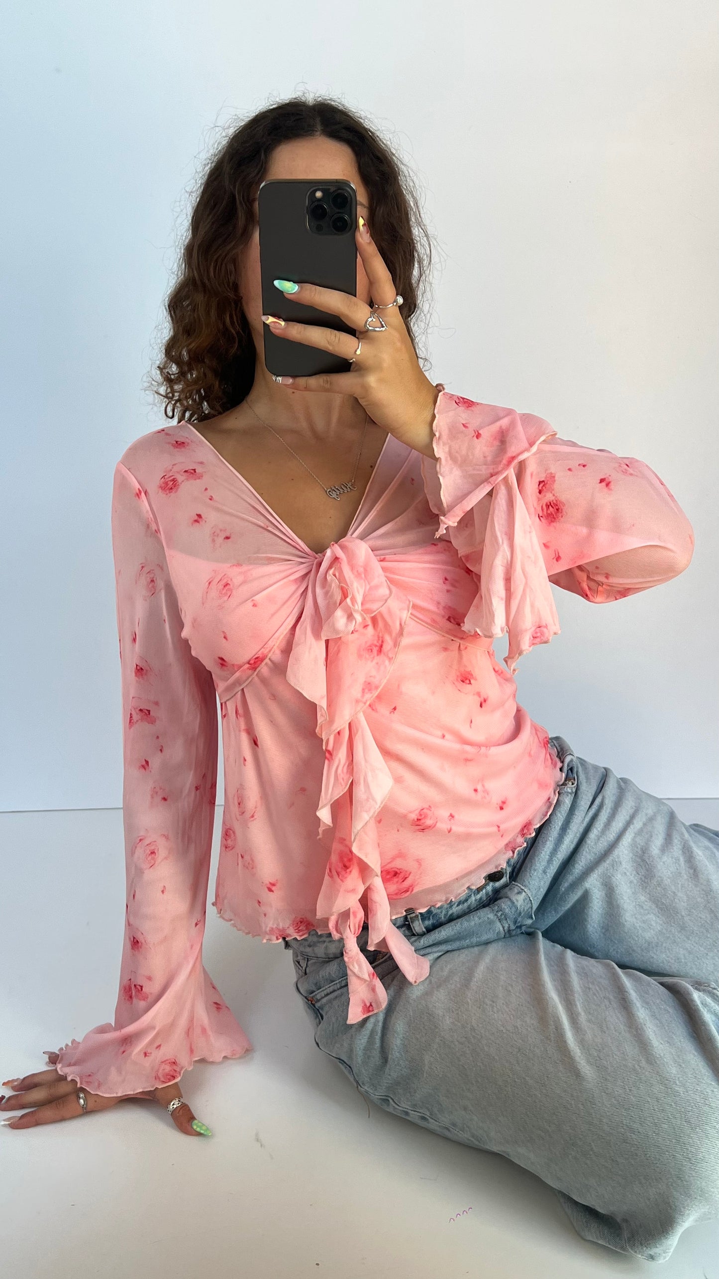 00s pink floral mesh top- size XXL