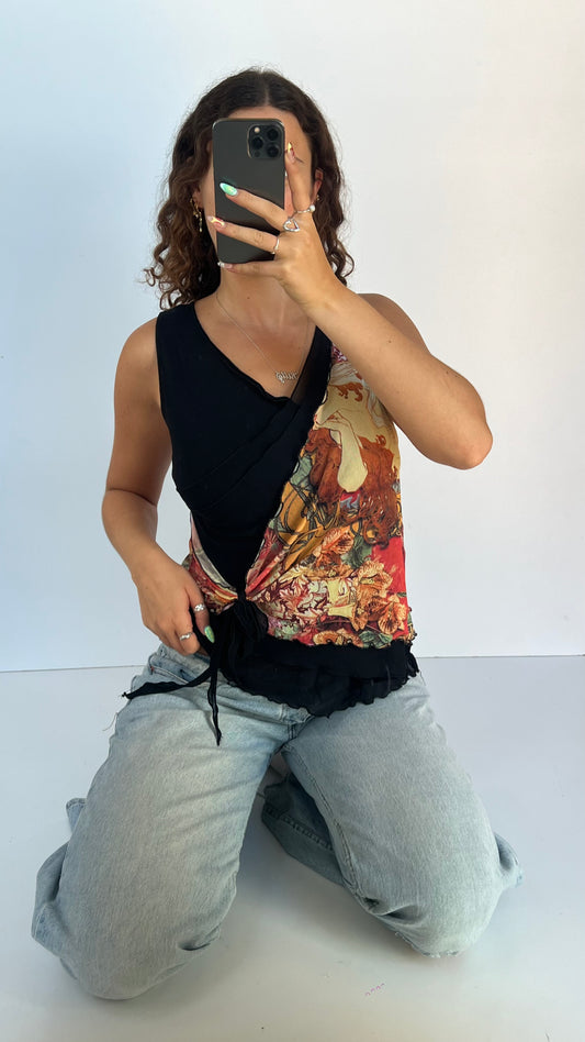 00s black floral mesh tank top- size L