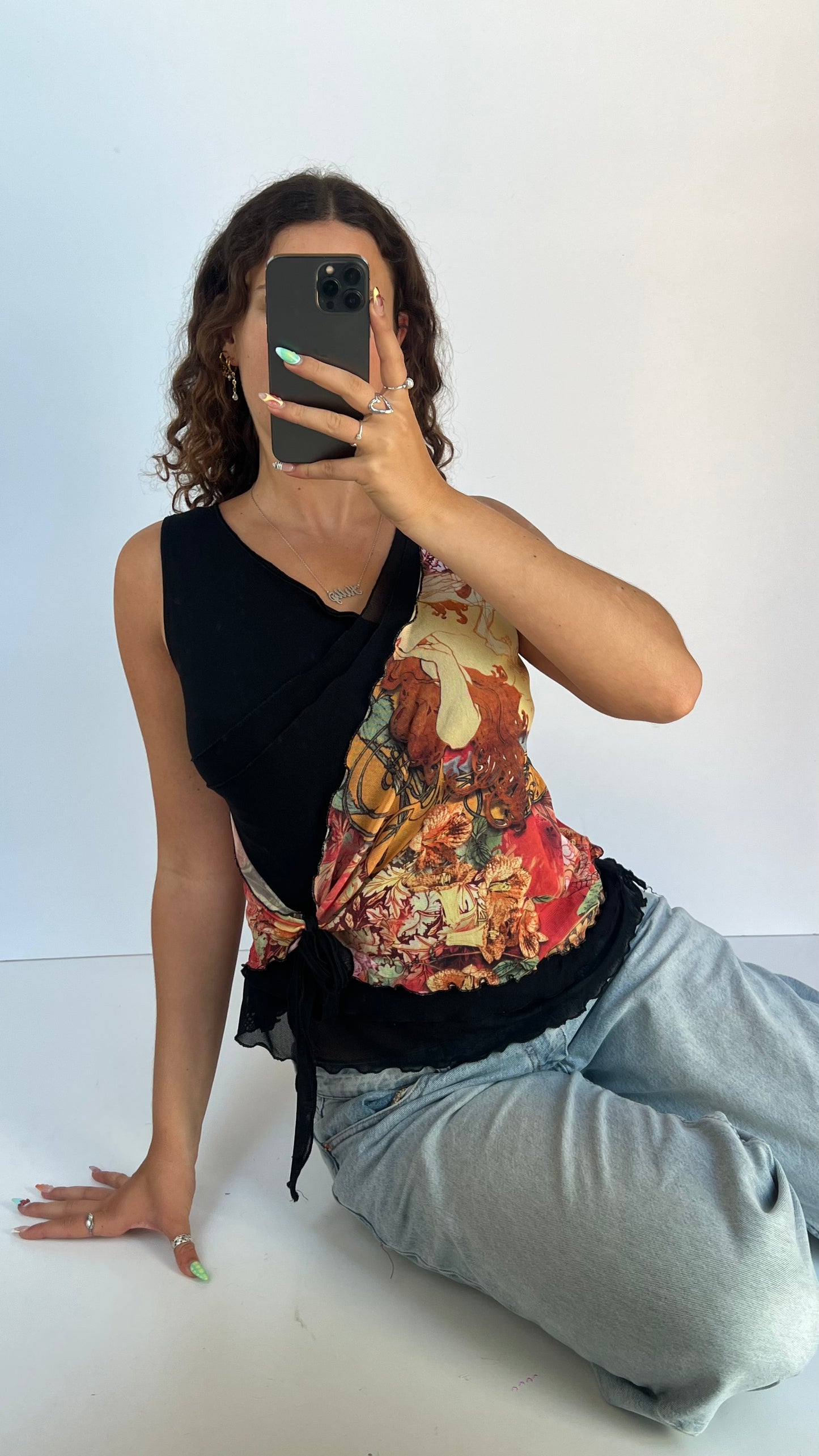 00s black floral mesh tank top- size L