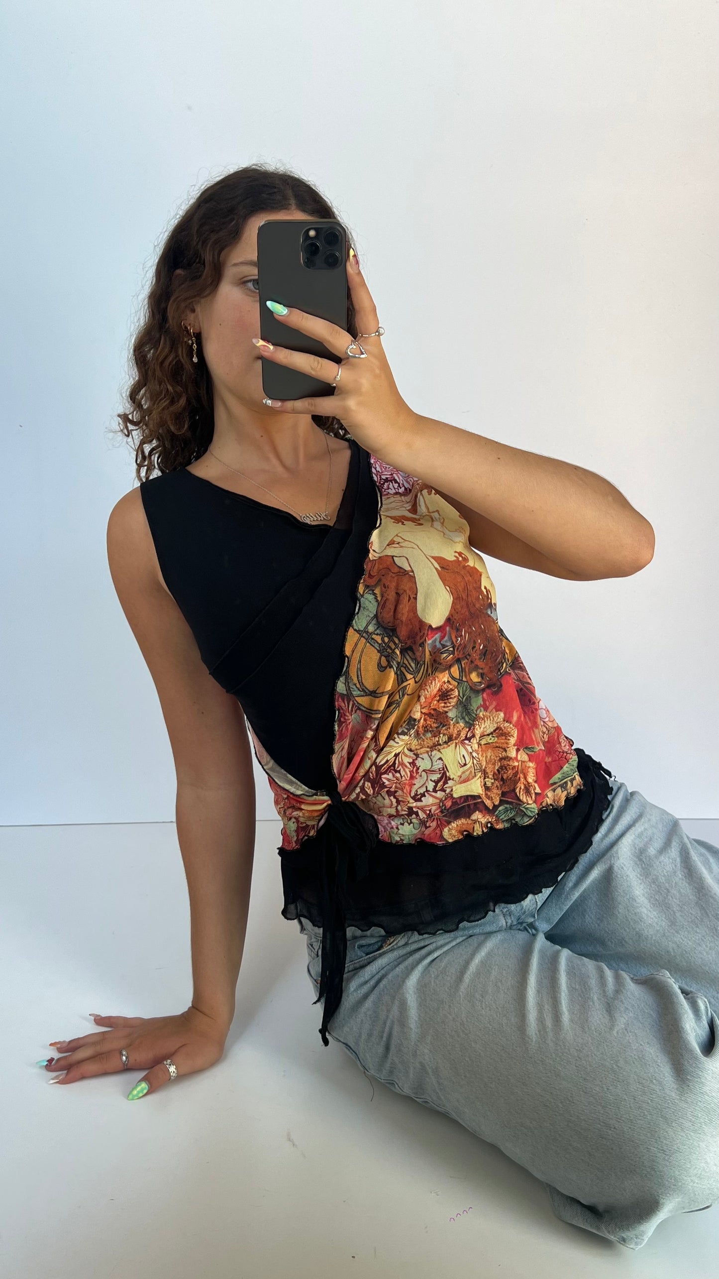00s black floral mesh tank top- size L