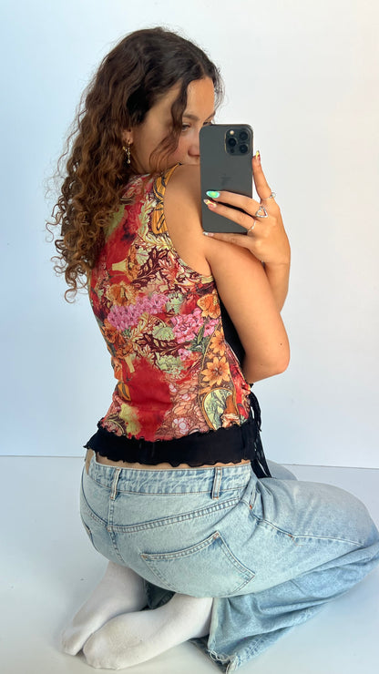00s black floral mesh tank top- size L