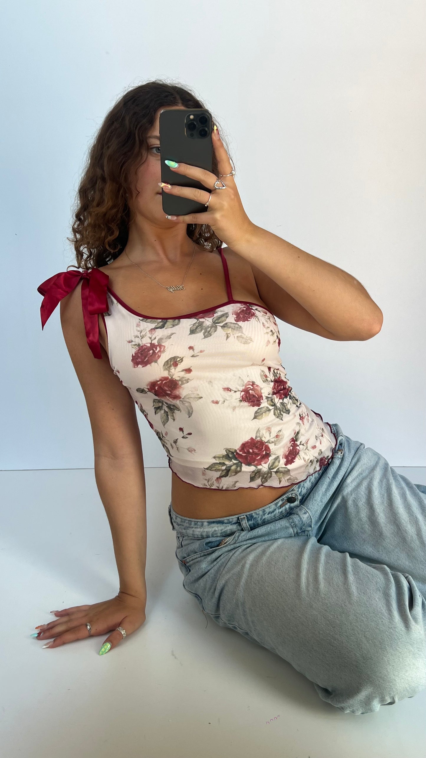 00s white red floral cami- size S