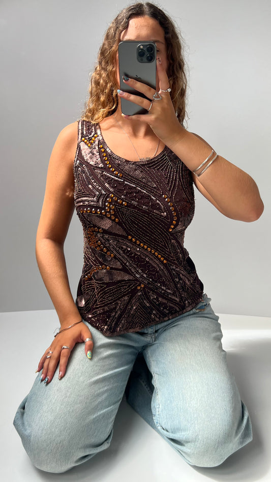 00s brown beaded sequin cami- size L