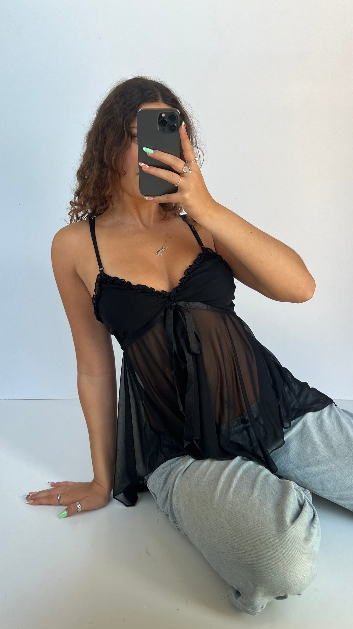 00s black mesh babydoll cami- size S
