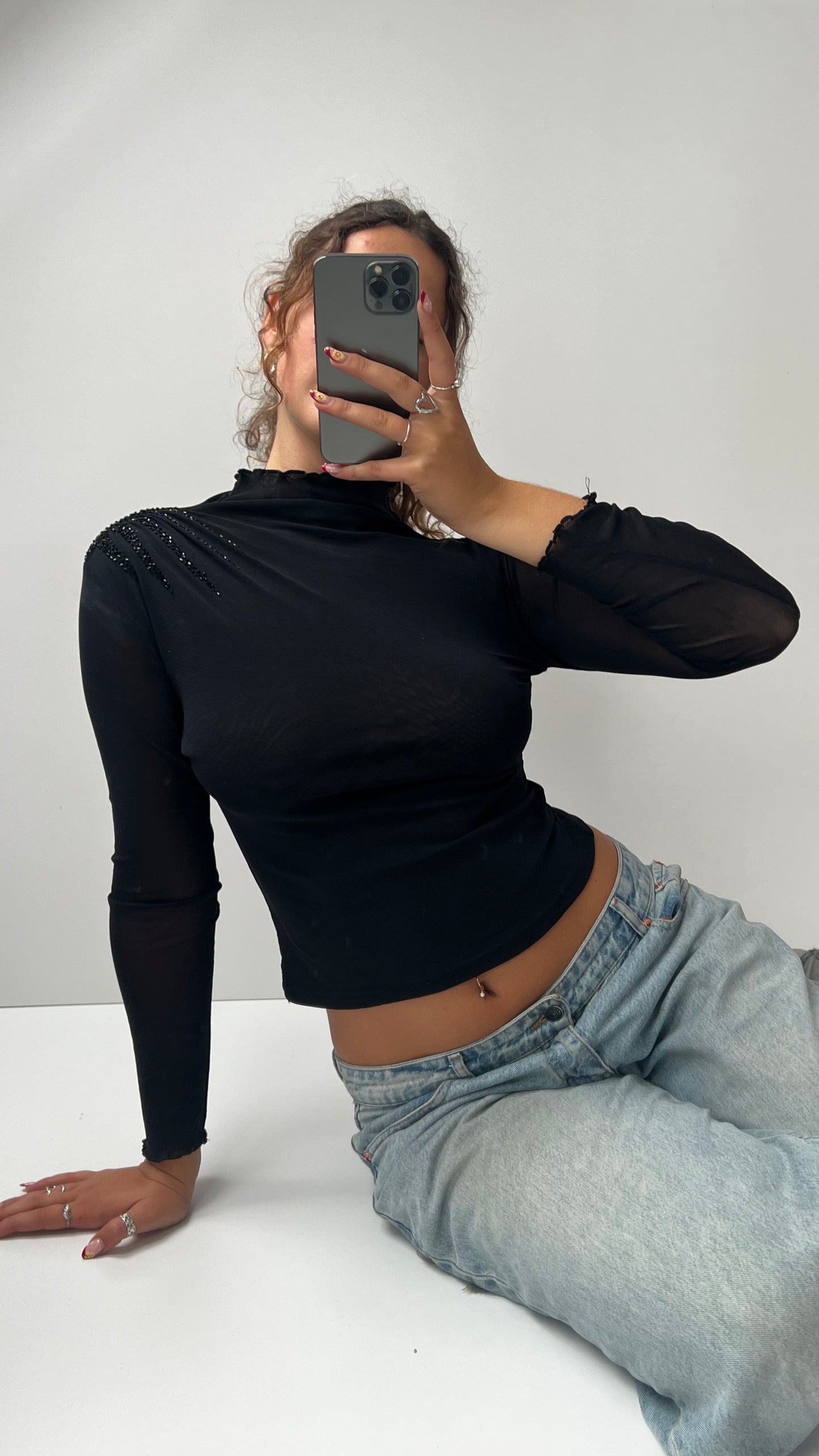 00s black mesh sequin top- size S