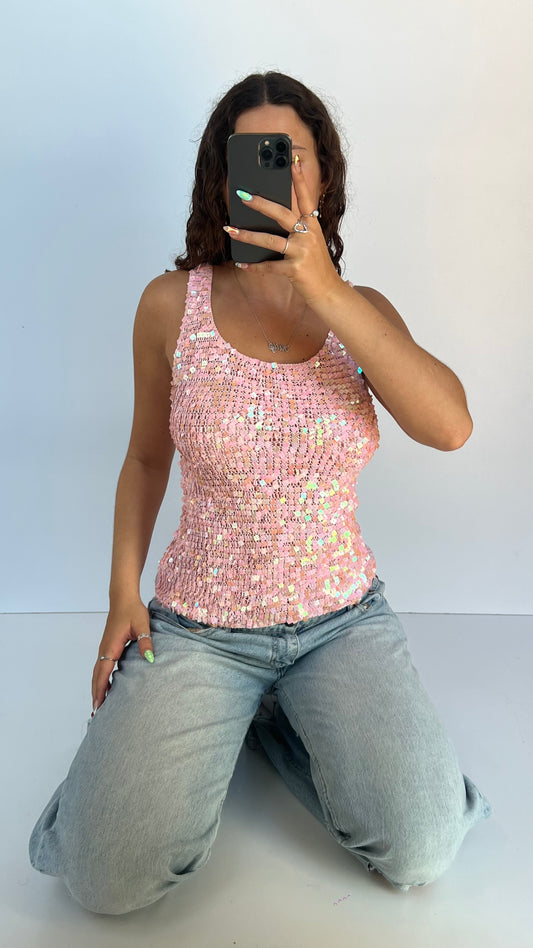 00s pink sequin tank top- size L