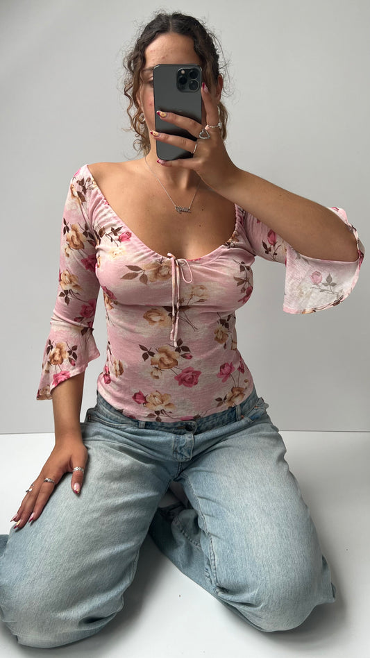 00s pink mesh floral top- size S