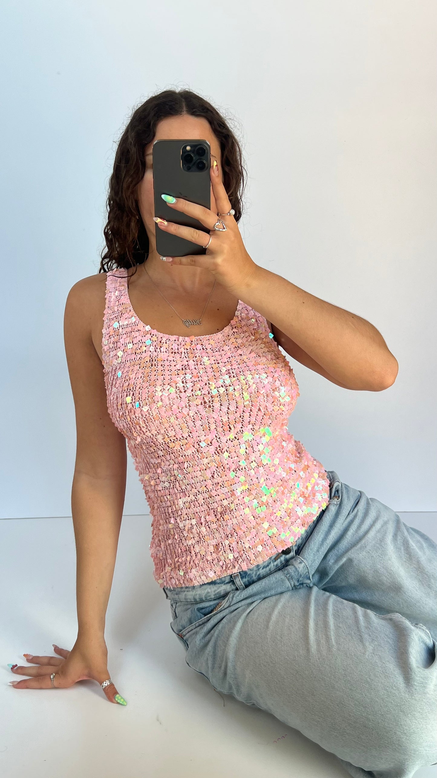 00s pink sequin tank top- size L