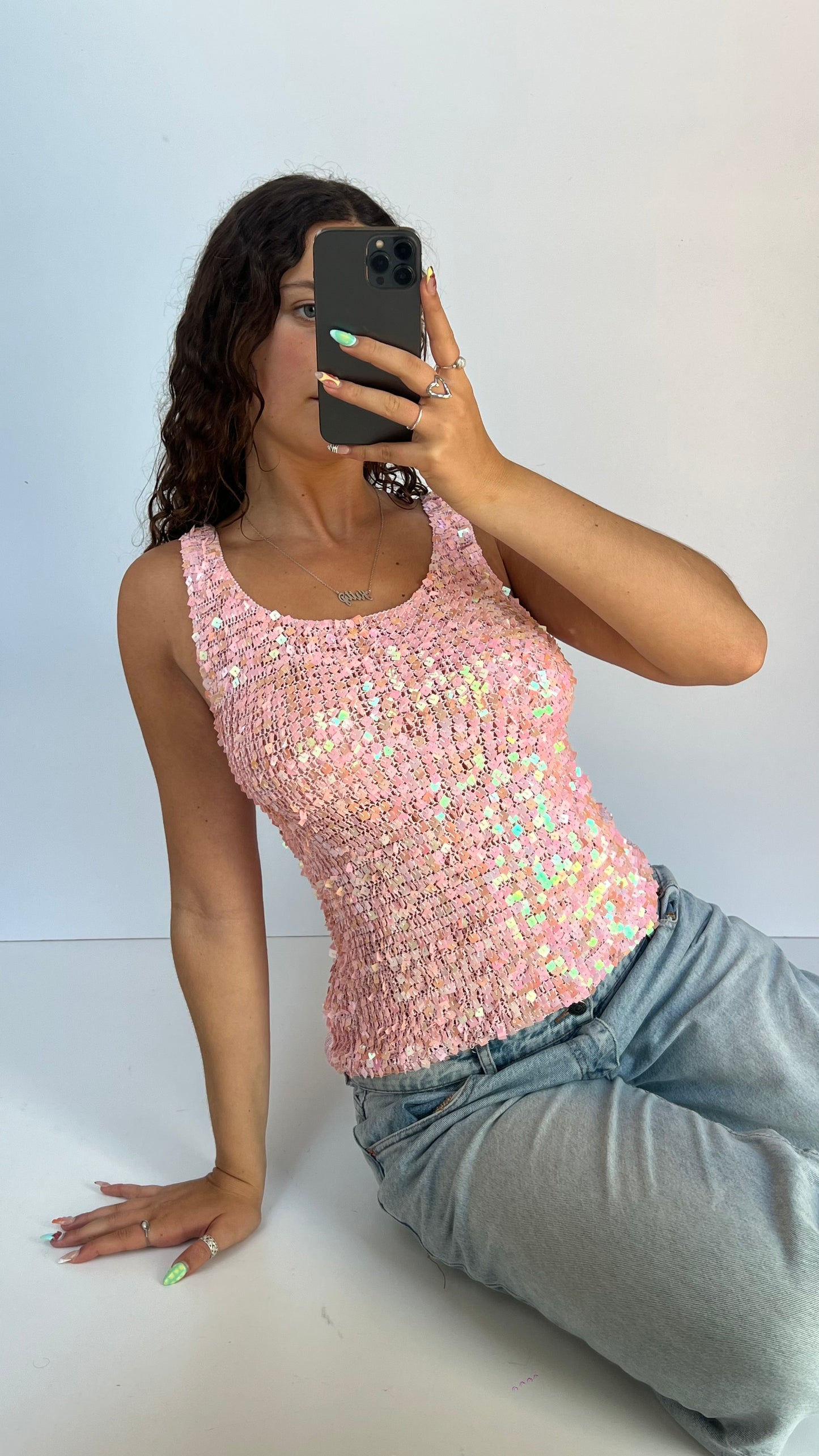 00s pink sequin tank top- size L