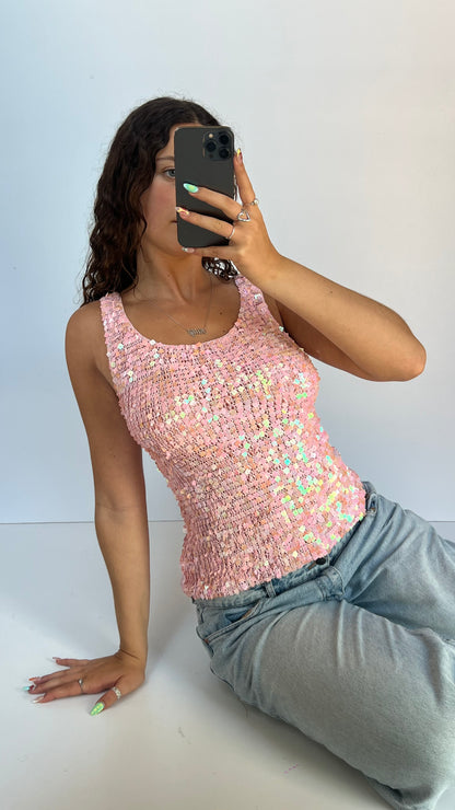 00s pink sequin tank top- size L