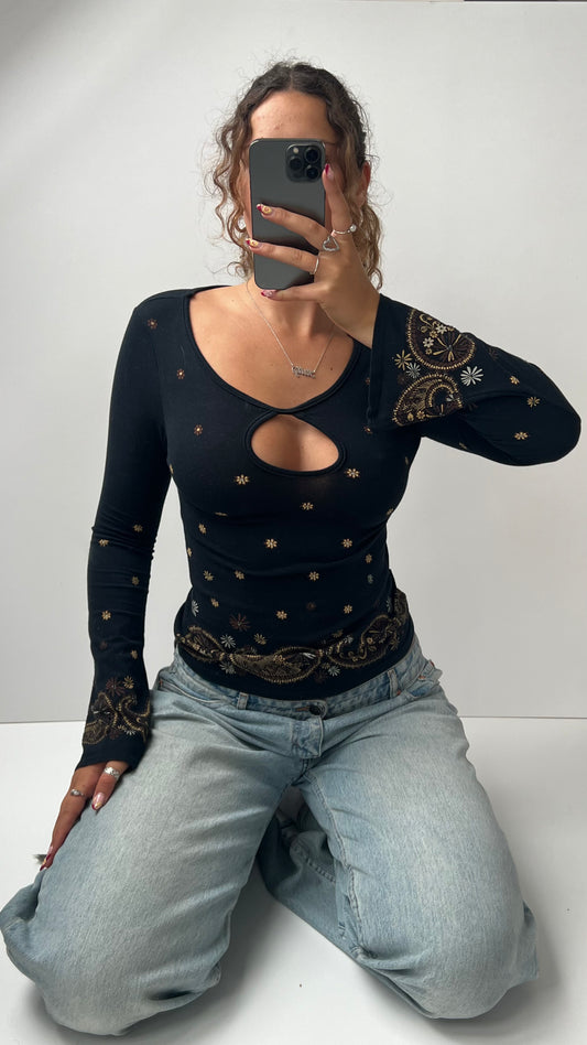 00s black long sleeve boho top- size S