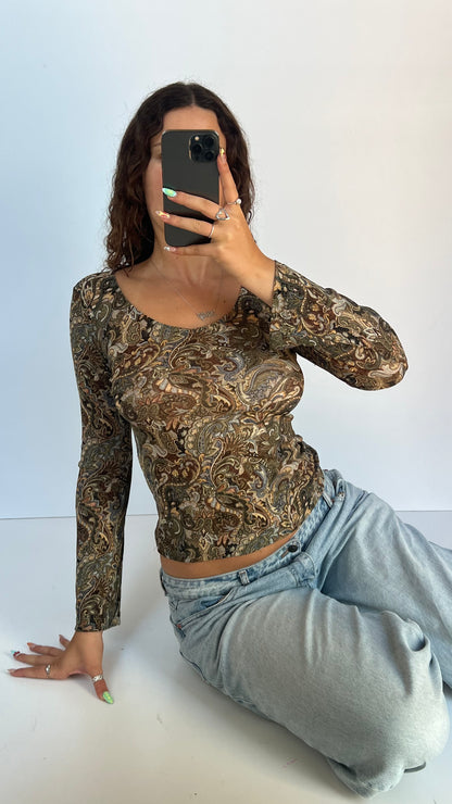 00s khaki brown paisley top- size M