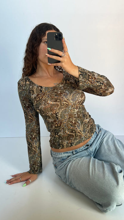 00s khaki brown paisley top- size M