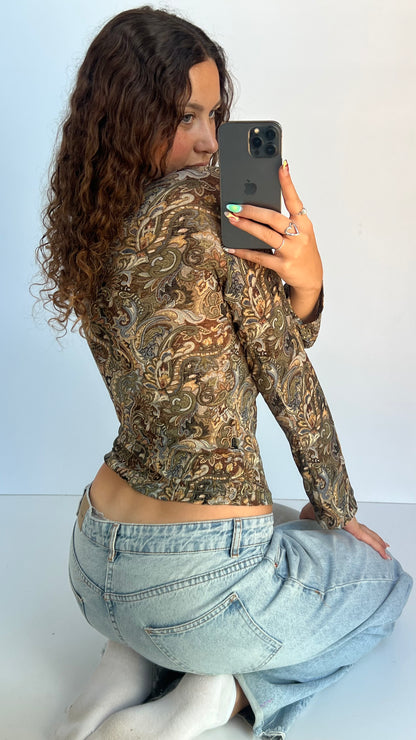 00s khaki brown paisley top- size M