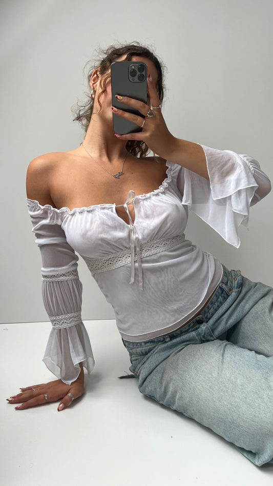 00s white mesh long sleeve top- size S