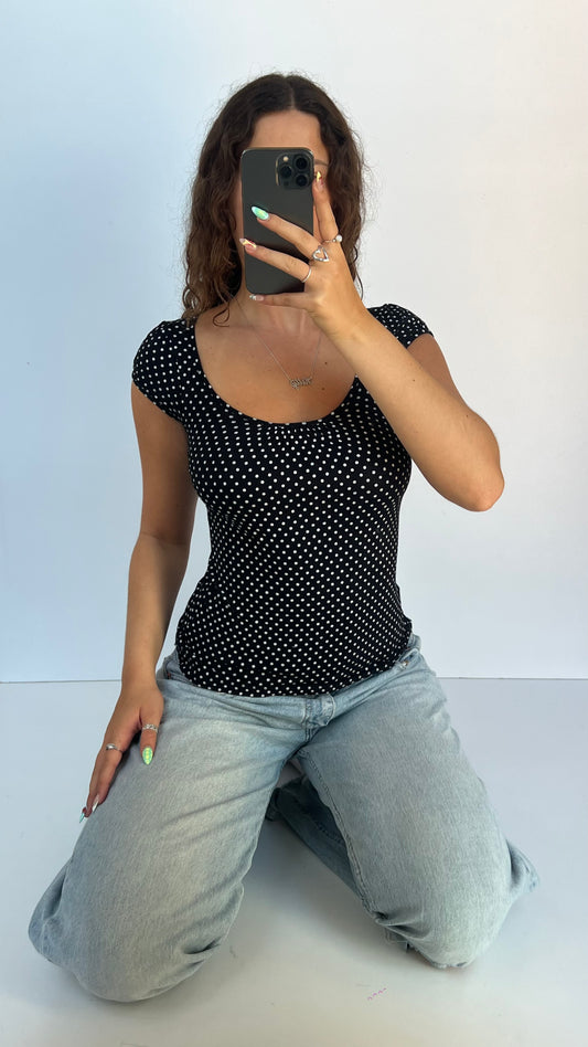 00s black polka dot top- size S