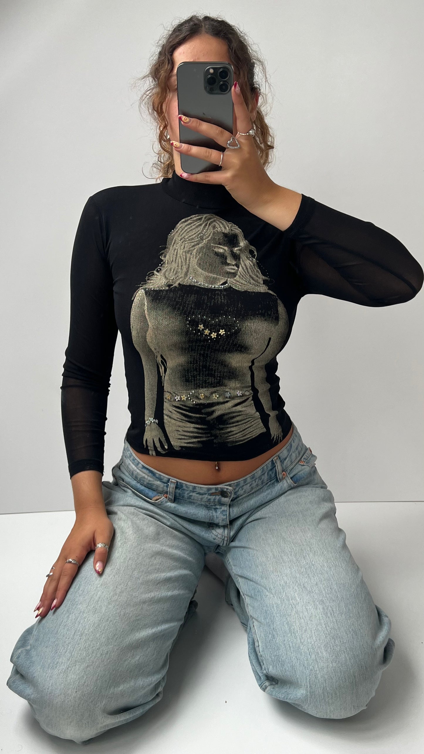 00s black graphic long sleeve top- size S