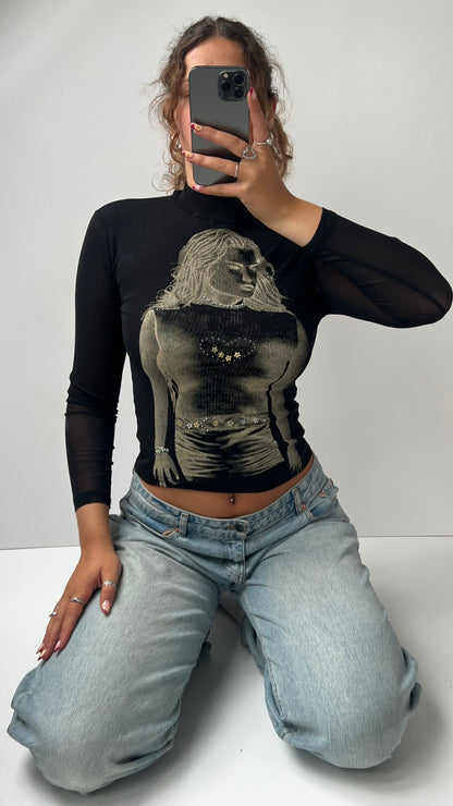 00s black graphic long sleeve top- size S