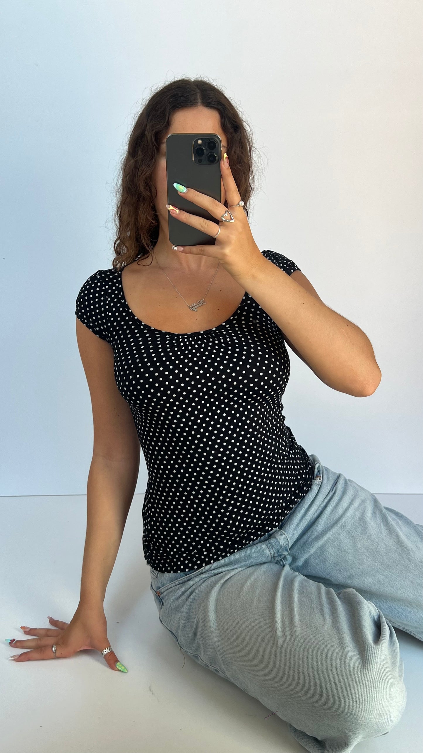 00s black polka dot top- size S