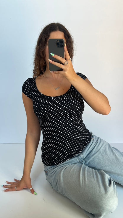 00s black polka dot top- size S